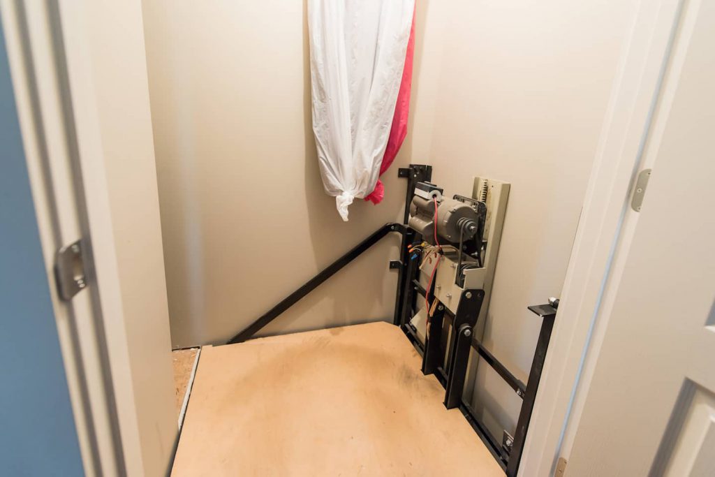 This indoor lift was created by the homeowners, and uses the platform and motor from a stair climber lift.
